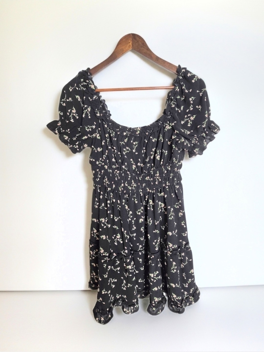 Black Floral Smocked Mini Dress Cottagecore Ruffle Puff Sleeve Boho Summer -L